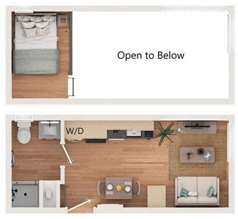 A floor plan of a room with a bed and a couch.